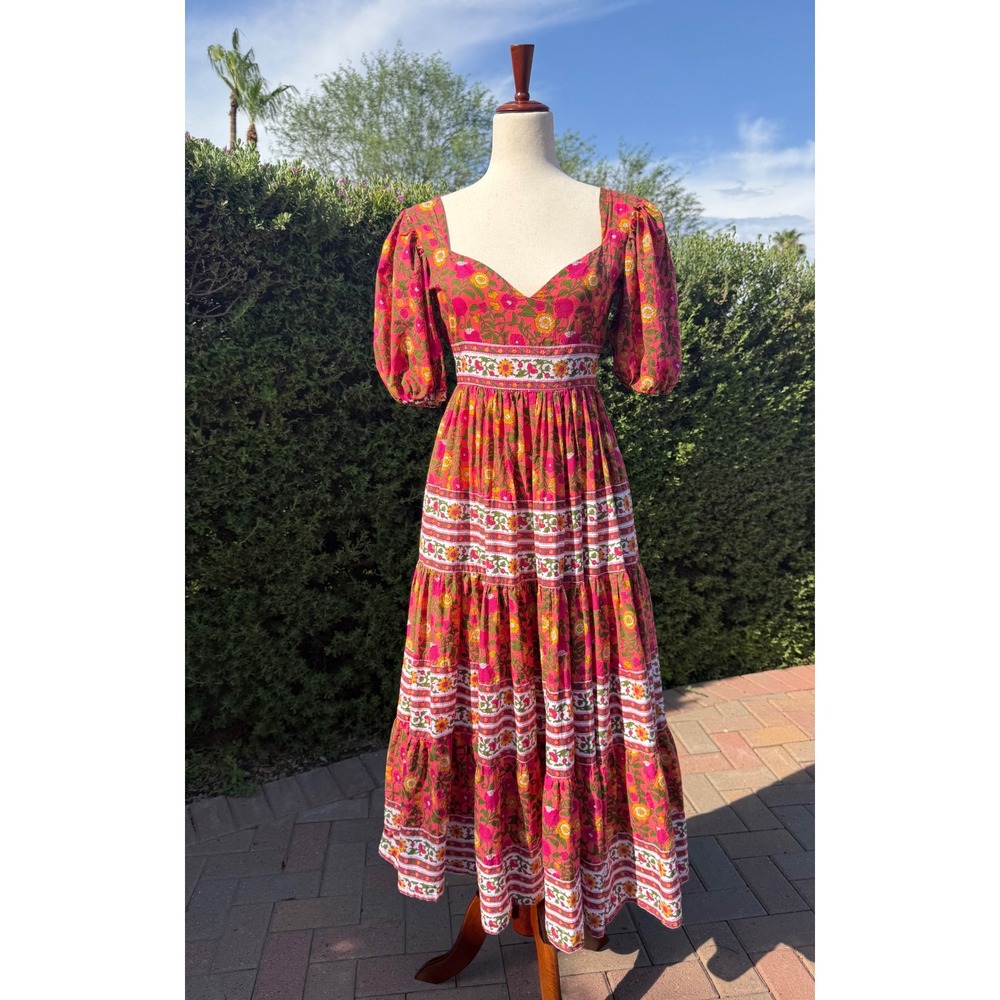 Mille Resort & Travel Floral Maja Maxi Dress Pink Orange Puff Sleeve Tiered XXS